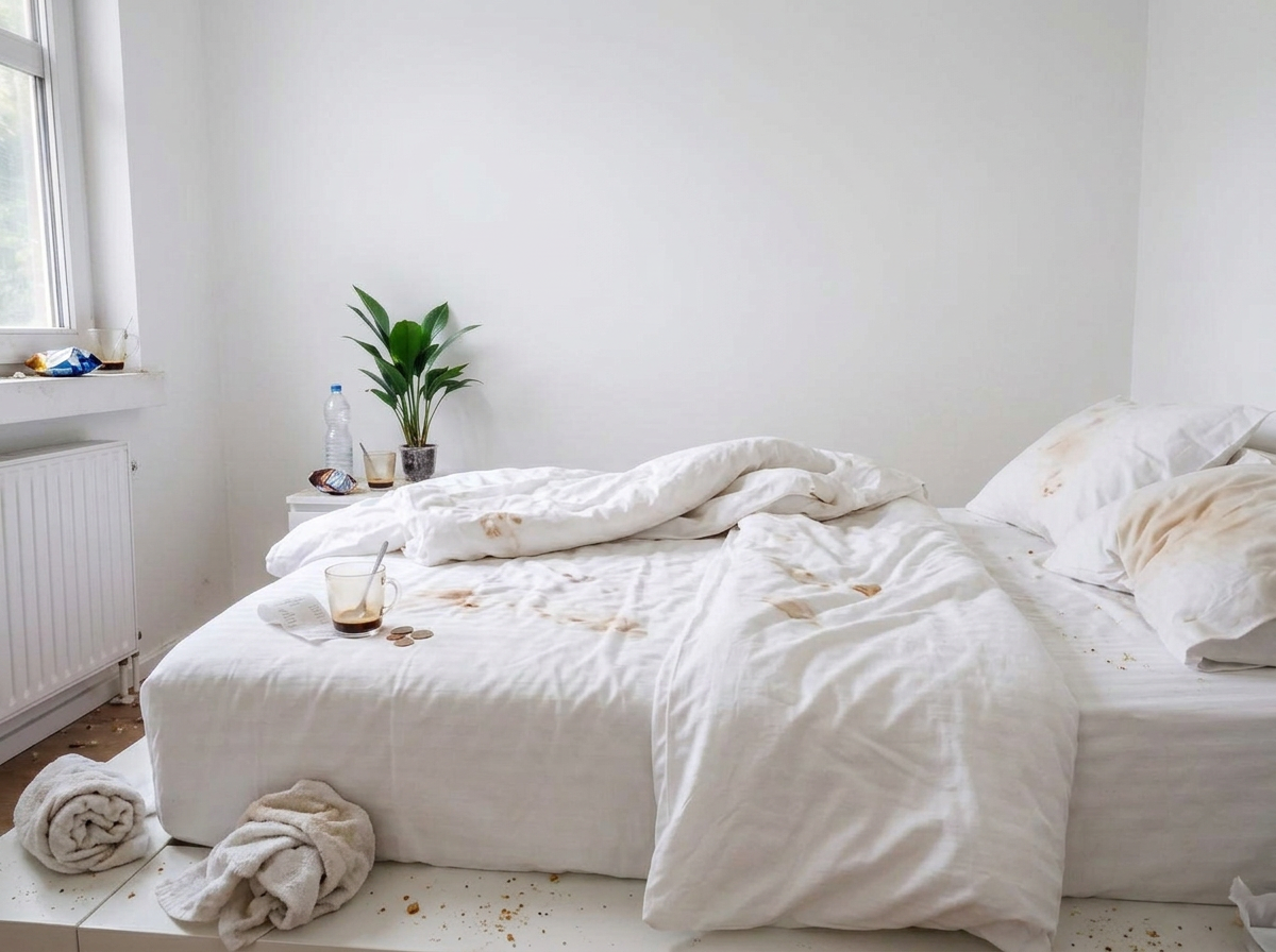 Untidy Airbnb bedroom with stained bedding and trash before a turnover clean