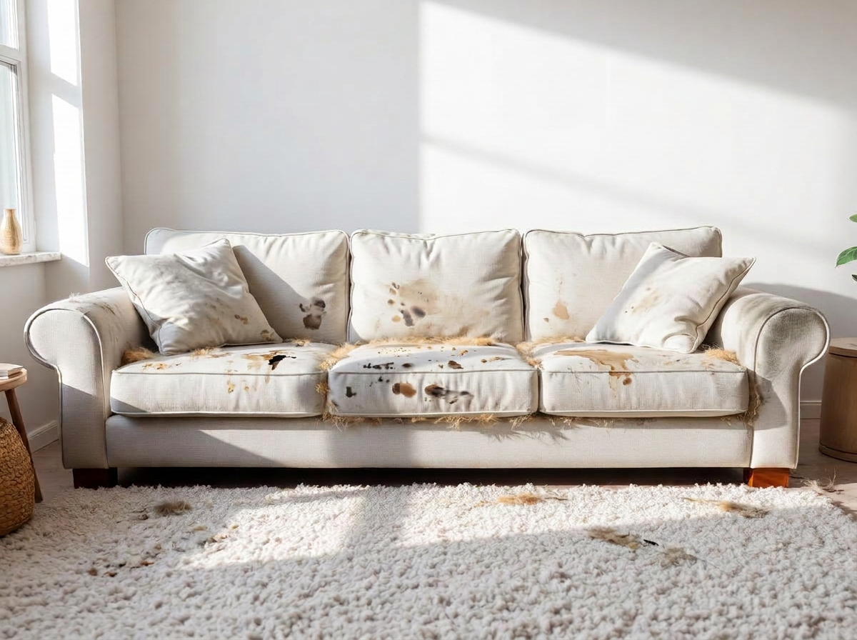 Stained fabric couch covered in pet hair before upholstery cleaning