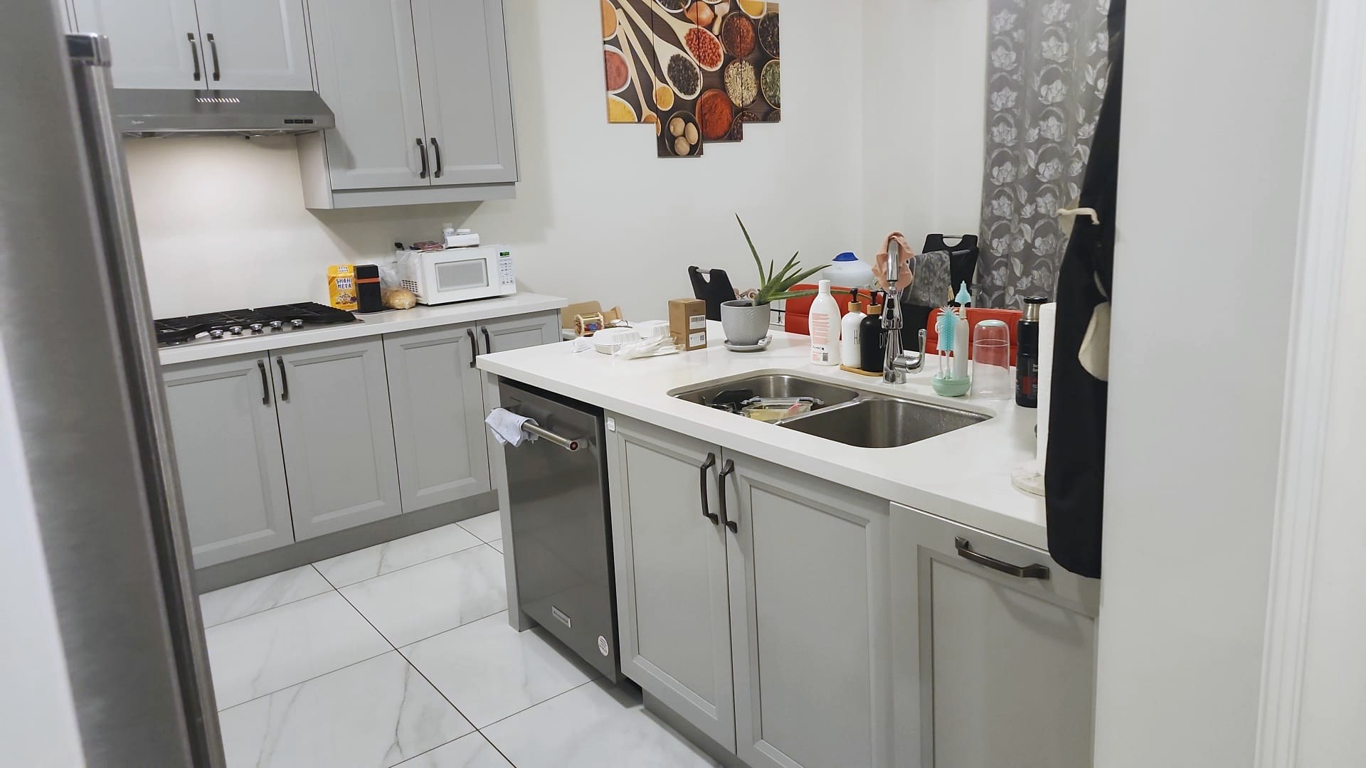Clean kitchen counters and tile floor after deep cleaning