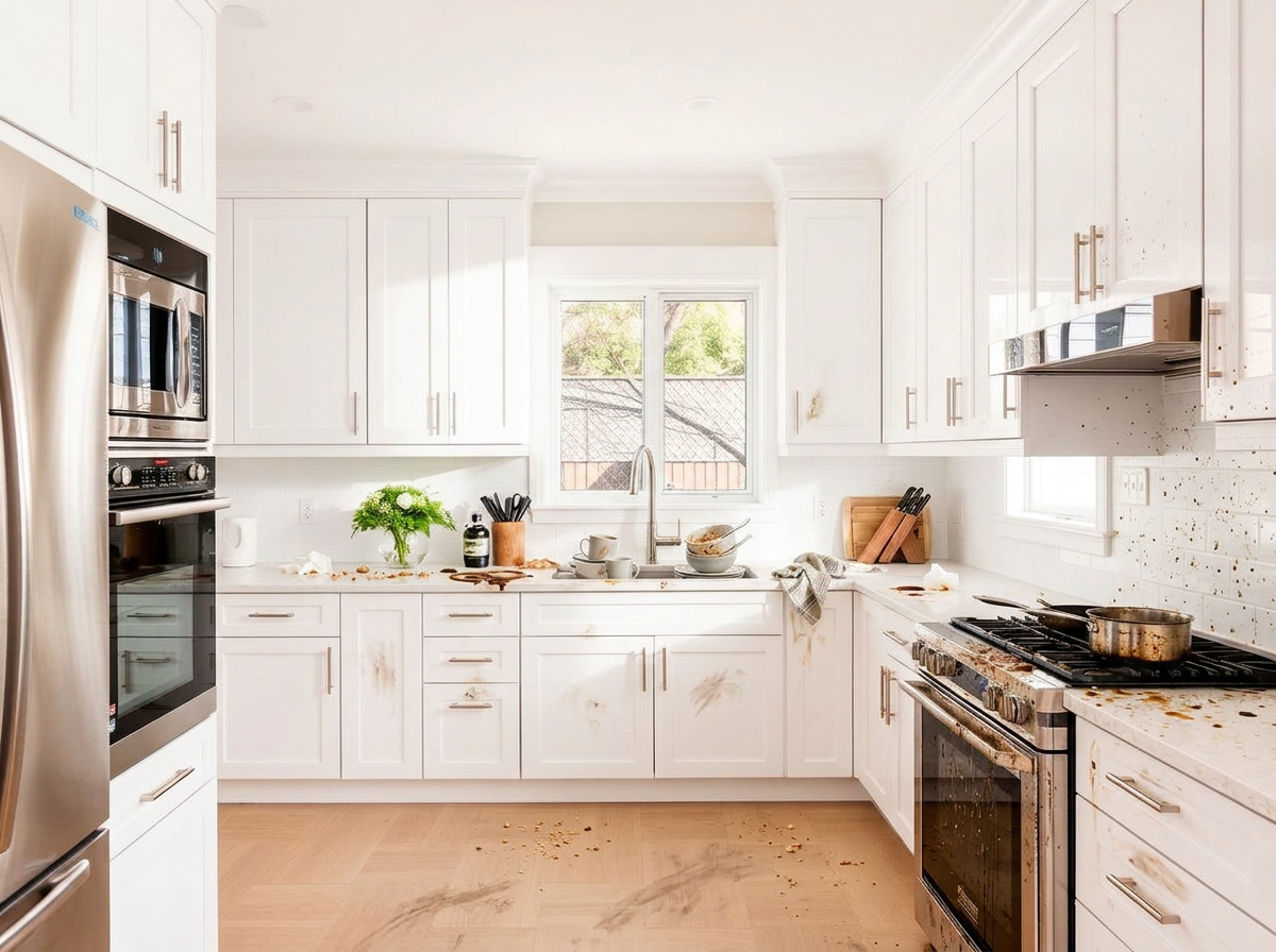 Greasy, cluttered kitchen with stained counters before cleaning in Oshawa