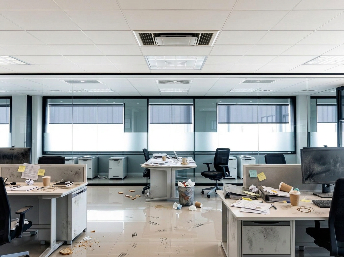 Dirty office with soiled floors and overflowing bins before commercial cleaning